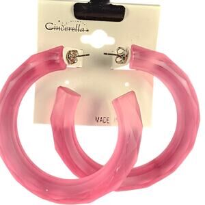 Pink Frosted Hoop Earrings Large Faceted Retro Statement Hoops Cinderella 2.5"